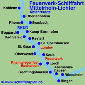 Landkarte Feuerwerk-Schifffahrt Mittelrhein-Lichter Schifffahrplan