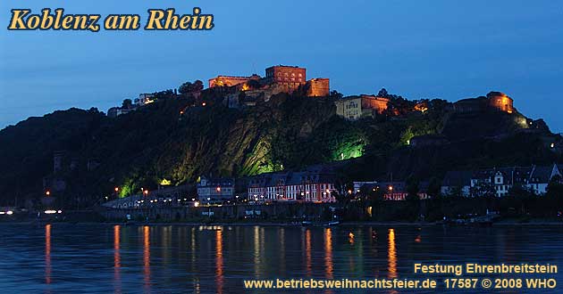 Weihnachtsfeier Koblenz Rheinschifffahrt. Betriebsweihnachtsfeier mit Abfahrt am Deutschen Eck gegenüber der Festung Ehrenbreitstein.