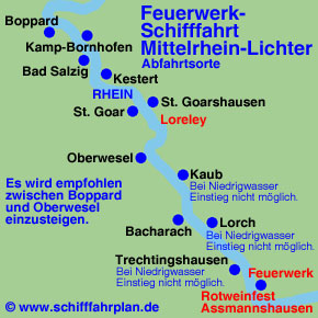 Landkarte Feuerwerk-Schifffahrt Mittelrhein-Lichter Schiffsanleger