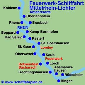 Landkarte Feuerwerk-Schifffahrt Mittelrhein-Lichter Schiffsanleger