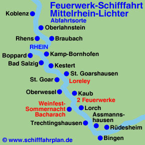 Landkarte Feuerwerk-Schifffahrt Mittelrhein-Lichter Schifffahrplan
