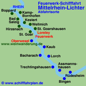 Landkarte Feuerwerk-Schifffahrt Mittelrhein-Lichter Schiffsanleger