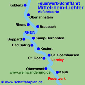 Landkarte Feuerwerk-Schifffahrt Mittelrhein-Lichter Schiffsanleger
